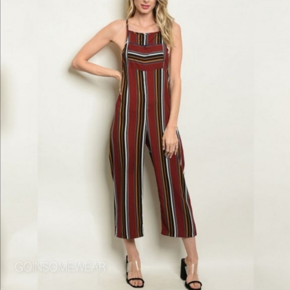 Burgundy Multi Stripes Overall Jumpsuit - Picture 3 of 8